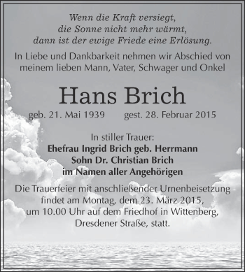 Traueranzeige von Hans Brich von WVG - Wochenspiegel Wittenberg