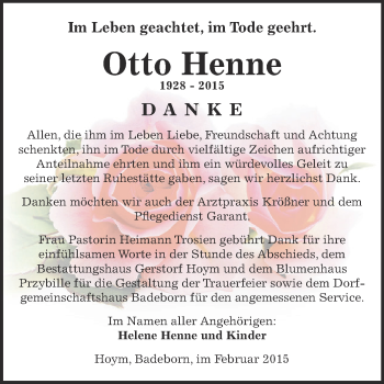 Traueranzeige von Otto Henne von Super Sonntag Aschersleben