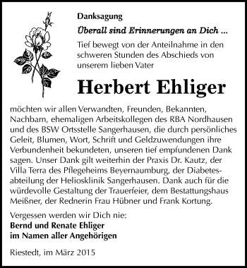 Traueranzeige von Herbert Ehliger von Mitteldeutsche Zeitung Sangerhausen