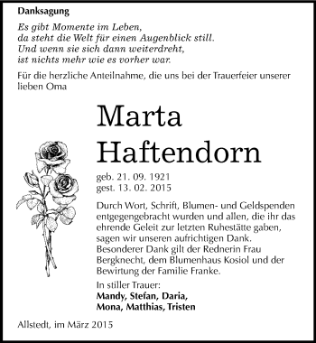 Traueranzeige von Marta Haftendorn von Mitteldeutsche Zeitung Sangerhausen