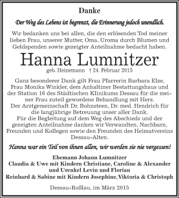 Traueranzeige von Hanna Lumnitzer von WVG - Wochenspiegel Dessau / Köthen