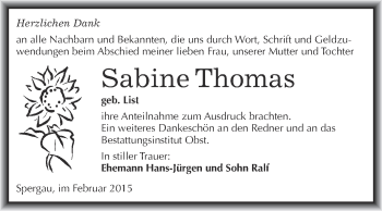 Traueranzeige von Sabine Thomas von Super Sonntag Merseburg