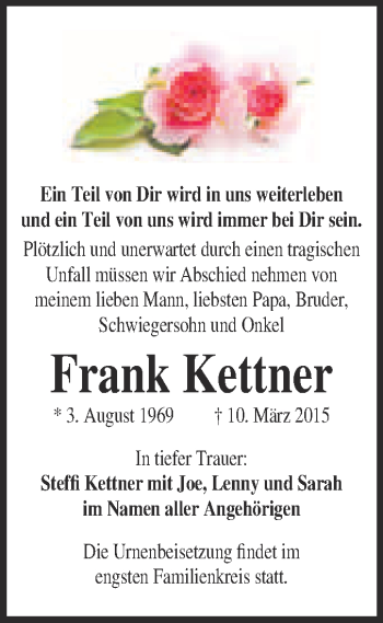 Traueranzeige von Frank Kettner von WVG - Wochenspiegel NMB / WSF / ZTZ
