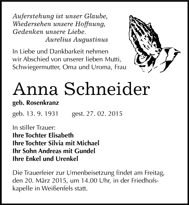  Traueranzeige für Anna Schneider vom 07.03.2015 aus Mitteldeutsche Zeitung Weißenfels