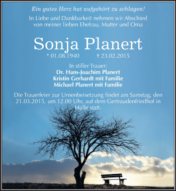Traueranzeige von Sonja Planert von Mitteldeutsche Zeitung Halle/Saalkreis
