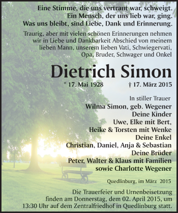 Traueranzeige von Dietrich Simon von Mitteldeutsche Zeitung Quedlinburg