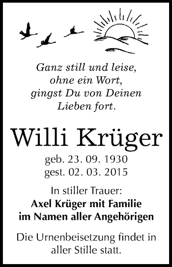 Traueranzeige von Willi Krüger von Mitteldeutsche Zeitung Halle/Saalkreis