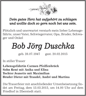 Traueranzeige von Bob Jörg Duschka von Super Sonntag Bernburg