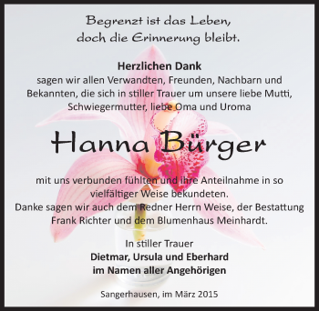 Traueranzeige von Hanna Bürger von Mitteldeutsche Zeitung Sangerhausen