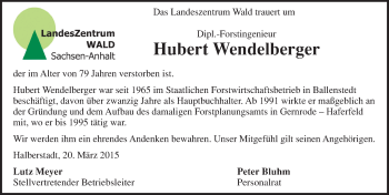 Traueranzeige von Hubert Wendelberger von Mitteldeutsche Zeitung Quedlinburg