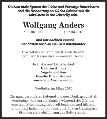 Traueranzeige von Wolfgang Anders von Super Sonntag Zeitz
