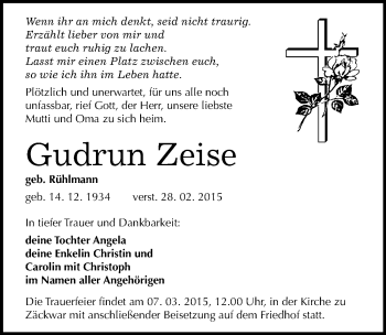 Traueranzeige von Gudrun Zeise von Mitteldeutsche Zeitung Naumburg/Nebra