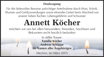 Traueranzeige von Annett Köcher von WVG - Wochenspiegel NMB / WSF / ZTZ