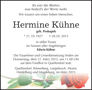 Traueranzeige von Hermine Kühne von Mitteldeutsche Zeitung Köthen