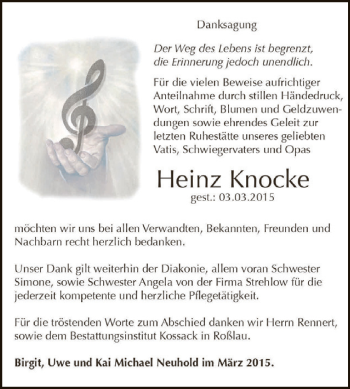 Traueranzeige von Heinz Knocke von WVG - Wochenspiegel Dessau / Köthen
