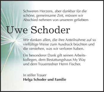 Traueranzeige von Uwe Karl-Heinz Schoder von WVG - Wochenspiegel NMB / WSF / ZTZ