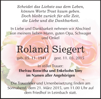Traueranzeige von Roland Siegert von Mitteldeutsche Zeitung Mansfelder Land