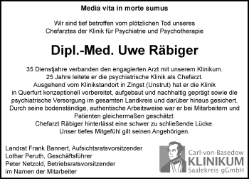 Traueranzeige von Uwe Räbiger von Mitteldeutsche Zeitung Merseburg/Querfurt