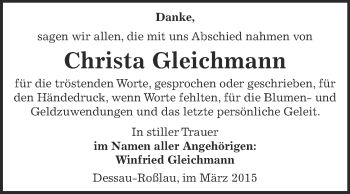 Traueranzeige von Christa Gleichmann von WVG - Wochenspiegel Dessau / Köthen