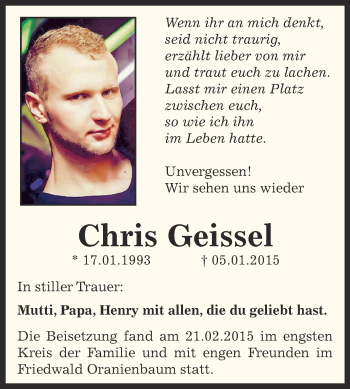 Traueranzeige von Chris Geissel von WVG - Wochenspiegel Dessau / Köthen
