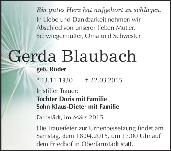 Traueranzeige von Gerda Blaubach von WVG - Wochenspiegel Merseburg