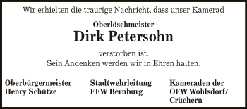 Traueranzeige von Dirk Petersohn von Super Sonntag Bernburg