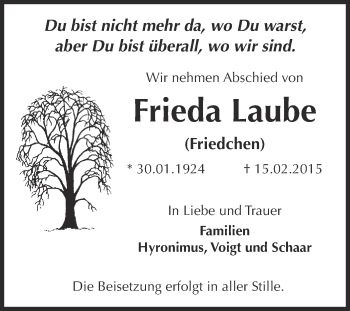 Traueranzeige von Frieda Laube von WVG - Wochenspiegel SGH