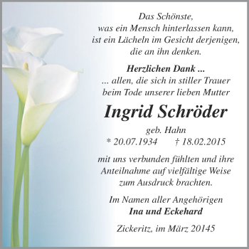 Traueranzeige von Ingrid Schröder von Super Sonntag Bernburg