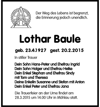 Traueranzeige von Lothar Baule von Mitteldeutsche Zeitung Wittenberg