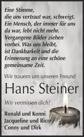 Traueranzeige von Hans Steiner von Super Sonntag Zeitz