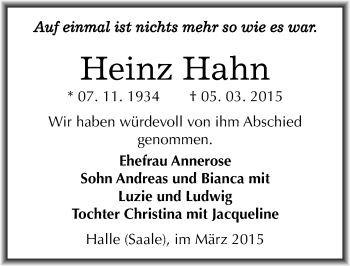 Traueranzeige von Heinz Hahn von Mitteldeutsche Zeitung Halle/Saalkreis