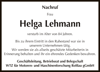 Traueranzeige von Helga Lehmann von WVG - Wochenspiegel Dessau / Köthen