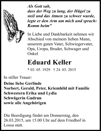 Traueranzeige von Eduard Keller von Mitteldeutsche Zeitung Naumburg/Nebra