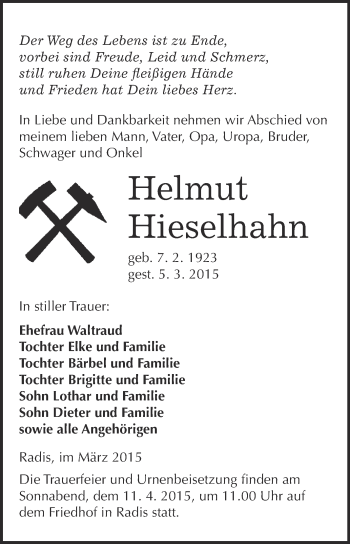 Traueranzeige von Helmut Hieselhahn von WVG - Wochenspiegel Wittenberg