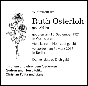 Traueranzeige von Ruth Osterloh von Mitteldeutsche Zeitung Sangerhausen
