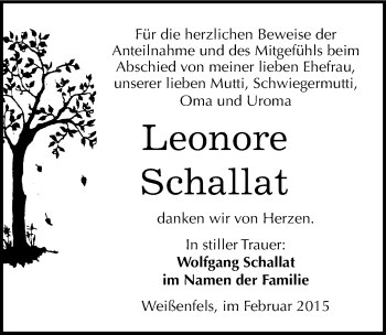 Traueranzeige von Leonore Schallat von Mitteldeutsche Zeitung Weißenfels