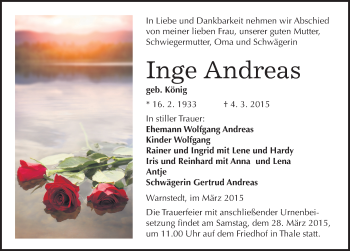 Traueranzeige von Inge Andreas von Mitteldeutsche Zeitung Quedlinburg