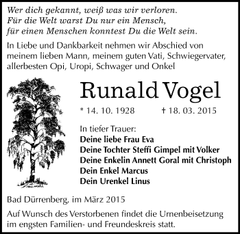 Traueranzeige von Runald Vogel von Mitteldeutsche Zeitung Merseburg/Querfurt