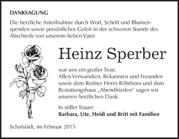 Traueranzeige von Heinz Sperber von WVG - Wochenspiegel Merseburg