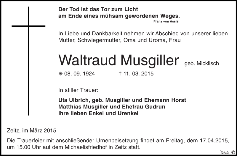  Traueranzeige für Waltraud Musgiller vom 22.03.2015 aus Super Sonntag Zeitz