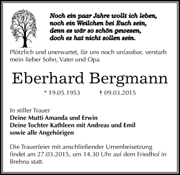 Traueranzeige von Eberhard Bergmann von Mitteldeutsche Zeitung Bitterfeld