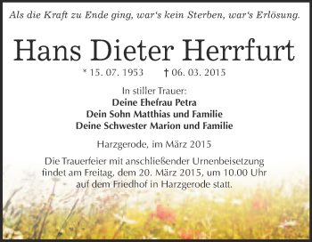 Traueranzeige von Hans Dieter Herrfurt von WVG - Wochenspiegel Quedlinburg