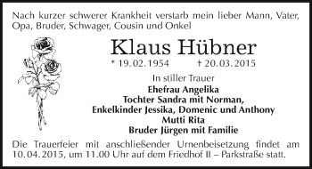 Traueranzeige von Klaus Hübner von Mitteldeutsche Zeitung Bernburg