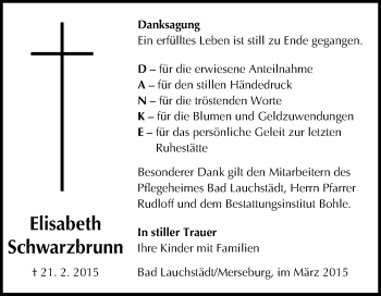 Traueranzeige von Elisabeth Schwarzbrunn von WVG - Wochenspiegel Merseburg