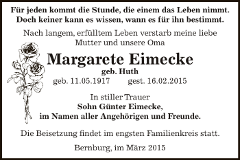 Traueranzeige von Margarete Eimecke von Super Sonntag Bernburg