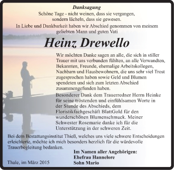Traueranzeige von Heinz Drewello von Mitteldeutsche Zeitung Quedlinburg