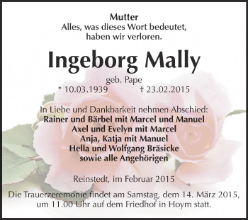 Traueranzeige von Ingeborg Mally von Super Sonntag Aschersleben