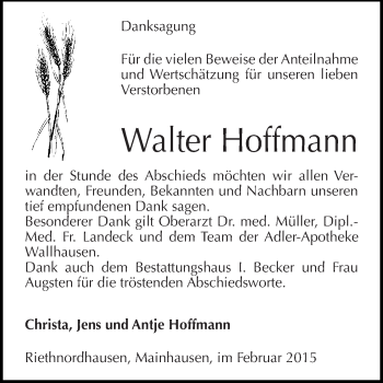 Traueranzeige von Walter Hoffmann von Super Sonntag SGH Mansf. Land