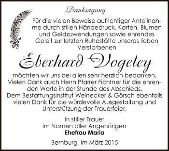 Traueranzeige von Eberhard Vogeley von Super Sonntag Bernburg