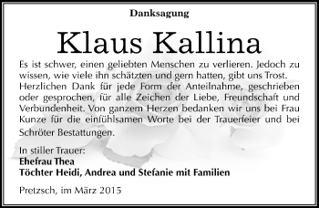 Traueranzeige von Klaus Kallina von Mitteldeutsche Zeitung Wittenberg